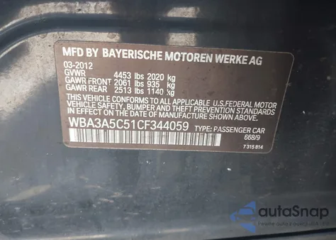 2012 BMW 328I z USA, uszkodzony, nr VIN WBA3A5C51CF344059